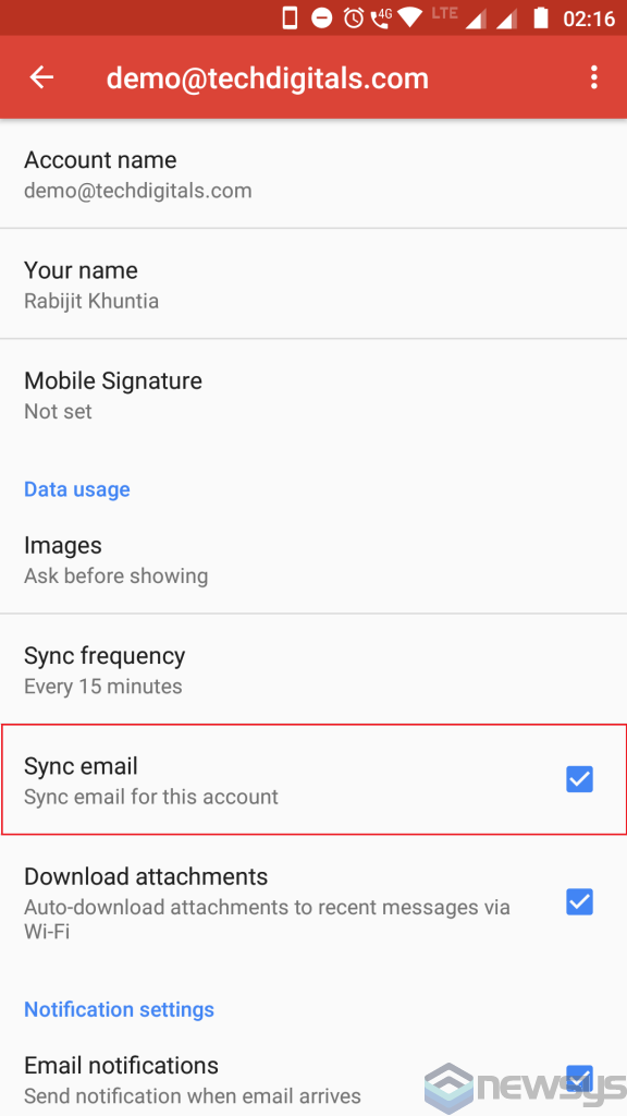 Gmail app email sync setting