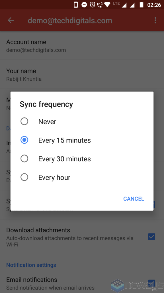 Gmail app sync frequency 
